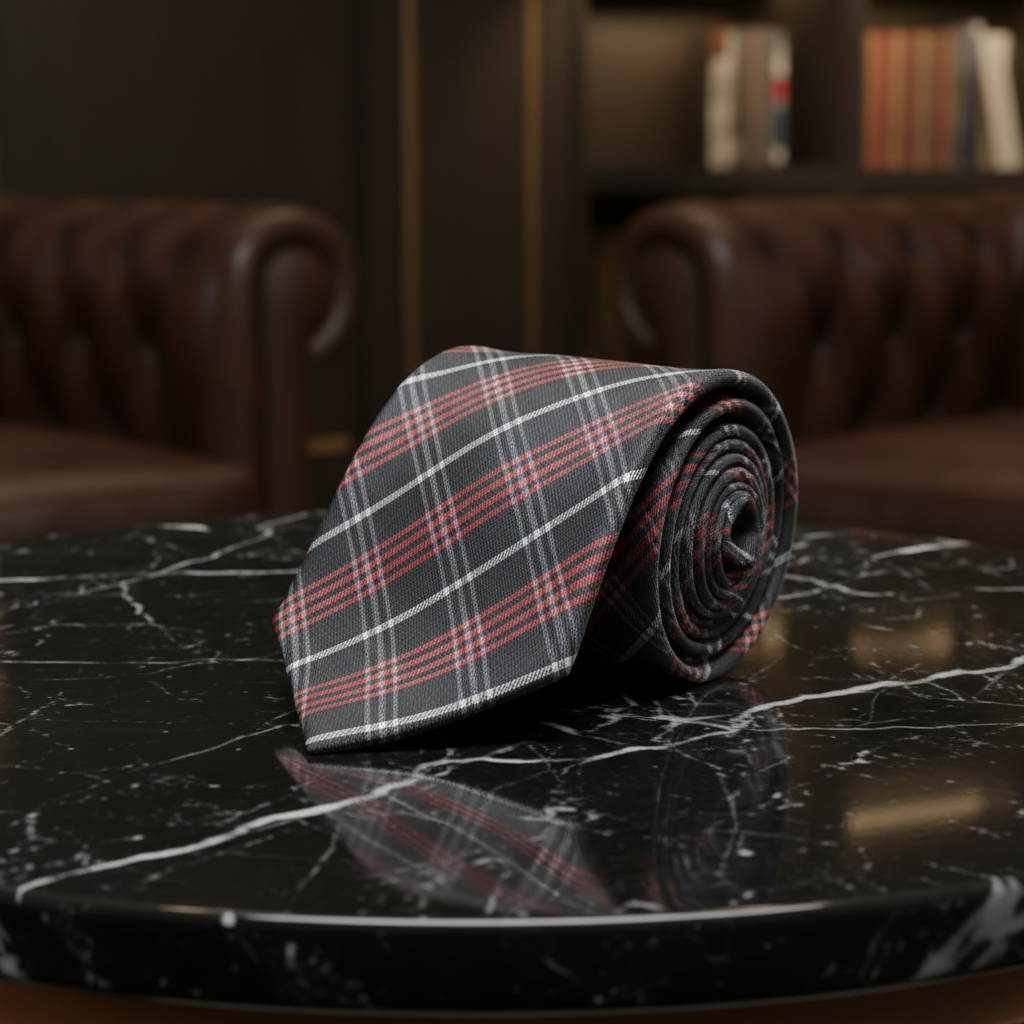 Charcoal Grey, Red, White Plaid Necktie  