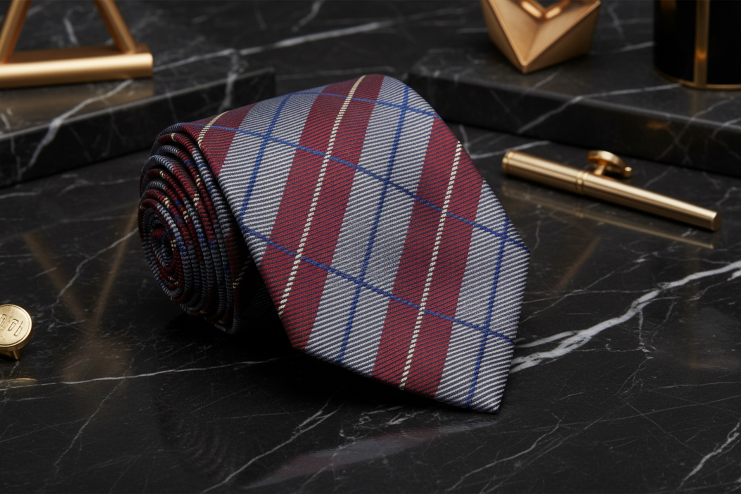 Red, Grey Plaid Necktie