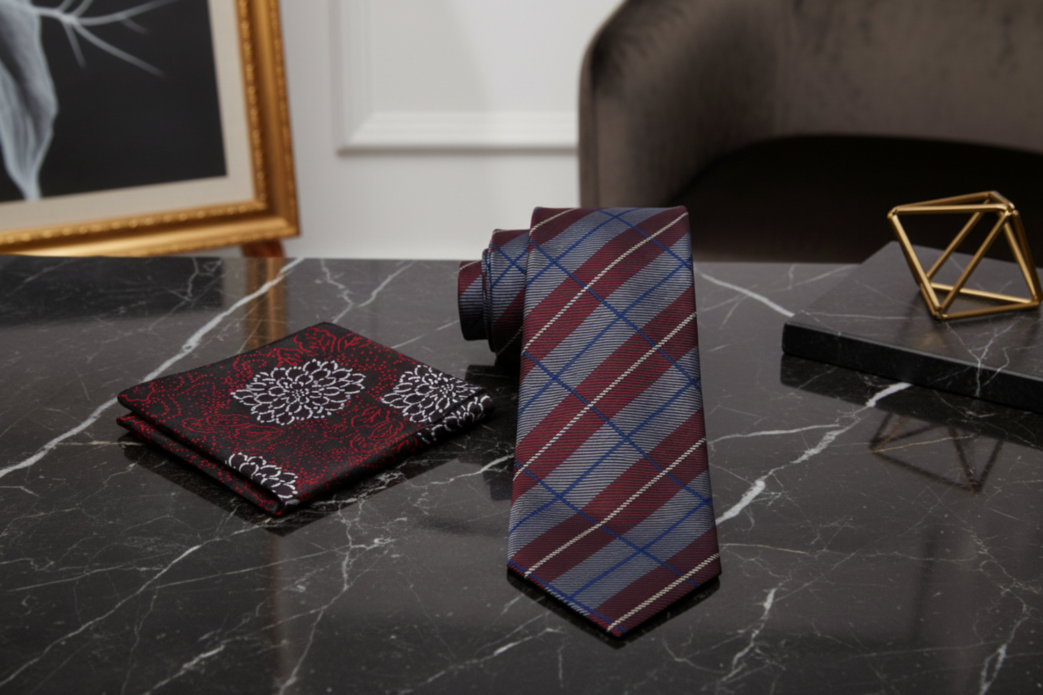 Red, Grey Plaid Necktie and Accenting Square