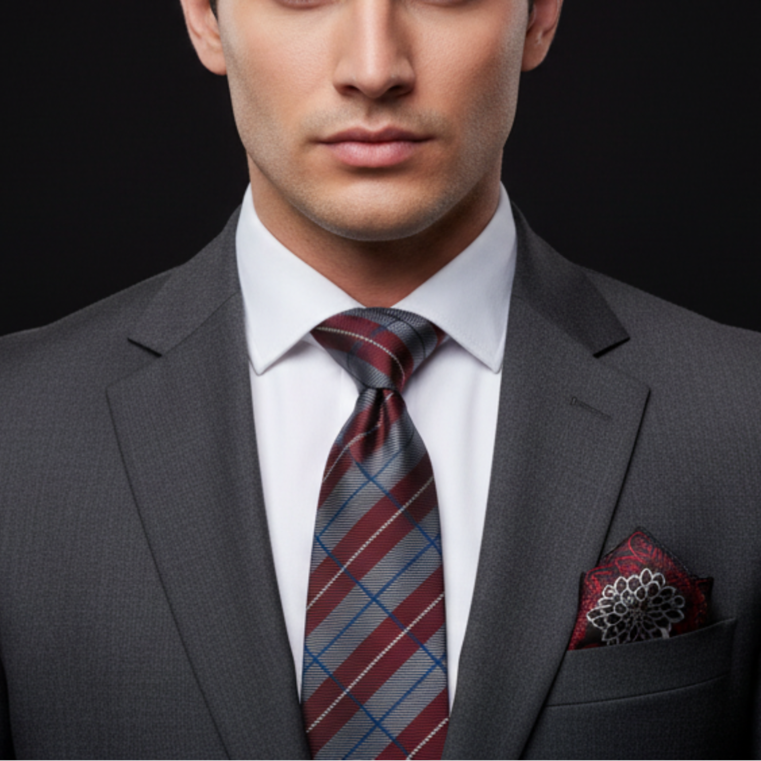 Man wearing a gray suit with a patterned tie and pocket square on a black background