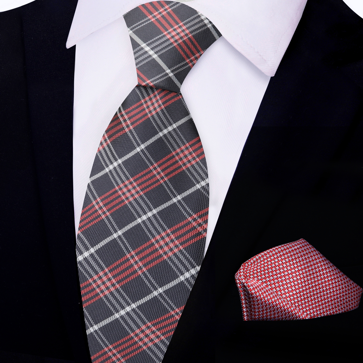 View 2 Charcoal Grey, Red, White Plaid Necktie and Grey, Red Hounds Tooth Square