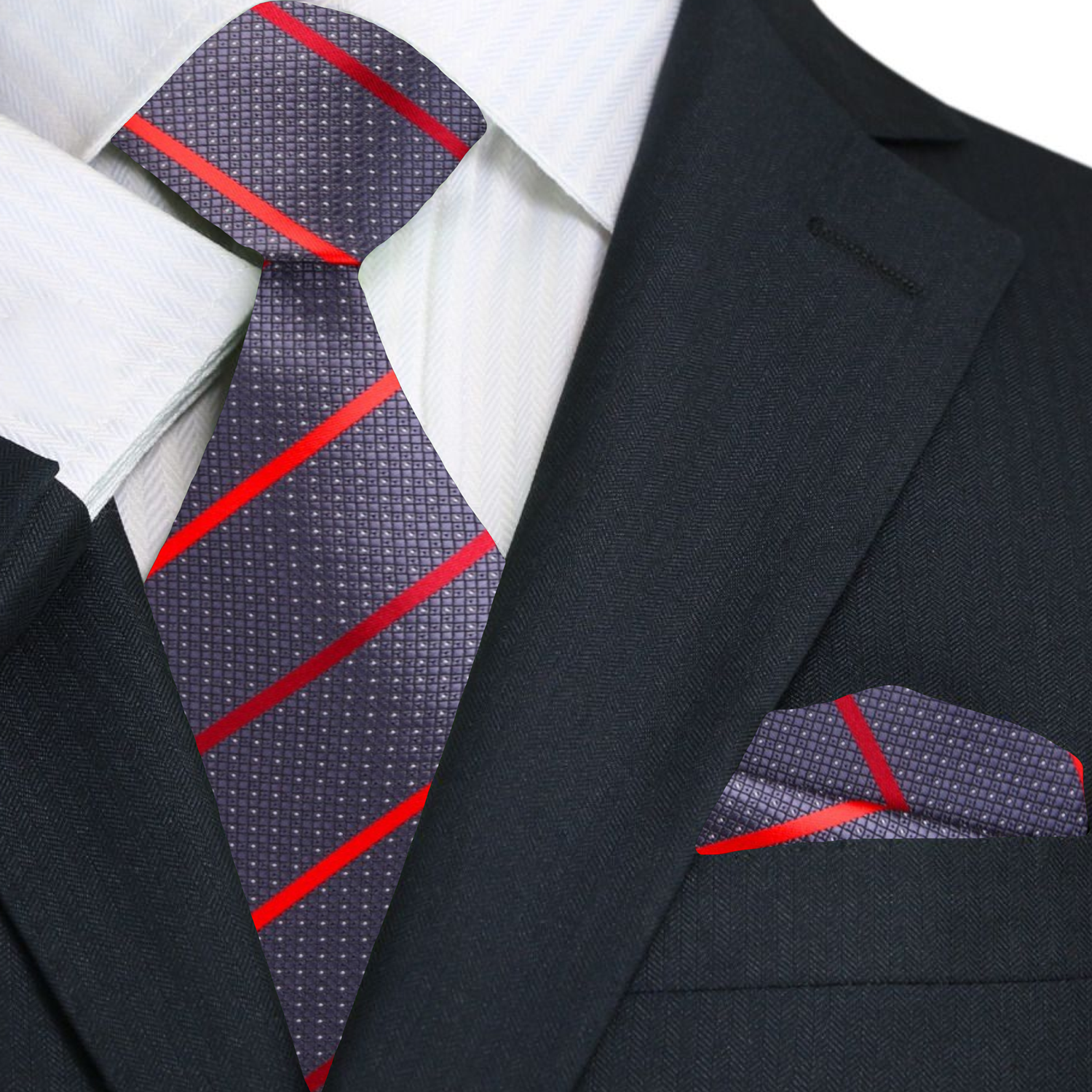 Premium Grey, Red Stripe Tie and Square