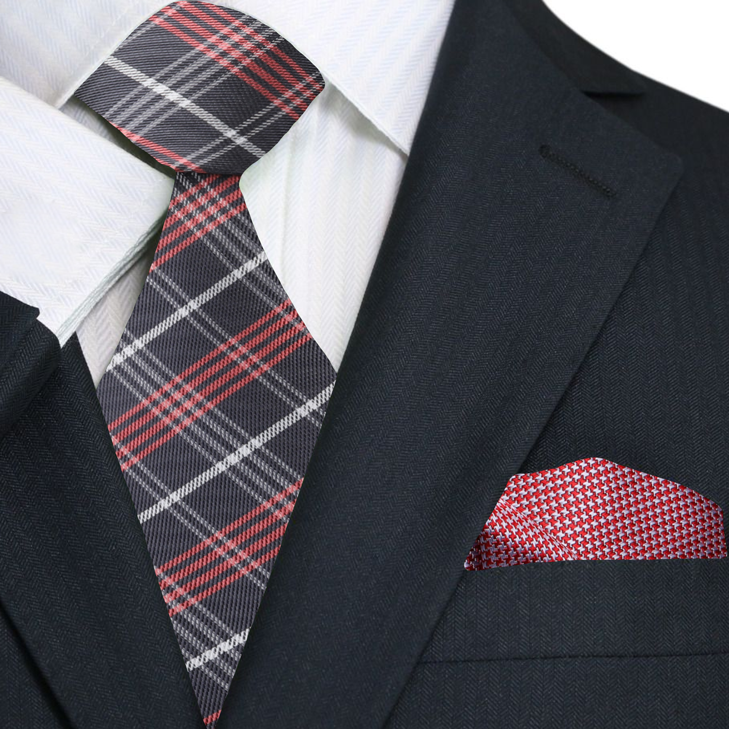 Charcoal Grey, Red, White Plaid Necktie and Grey, Red Hounds Tooth Square