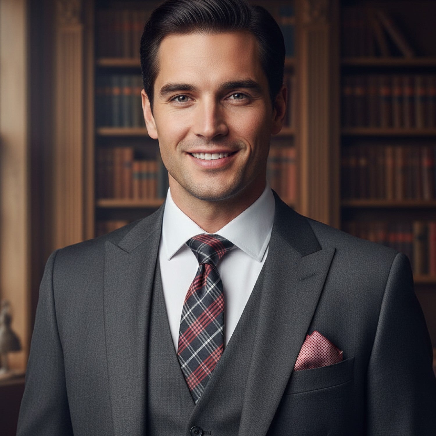 Man in a gray suit with a plaid tie standing in front of bookshelves