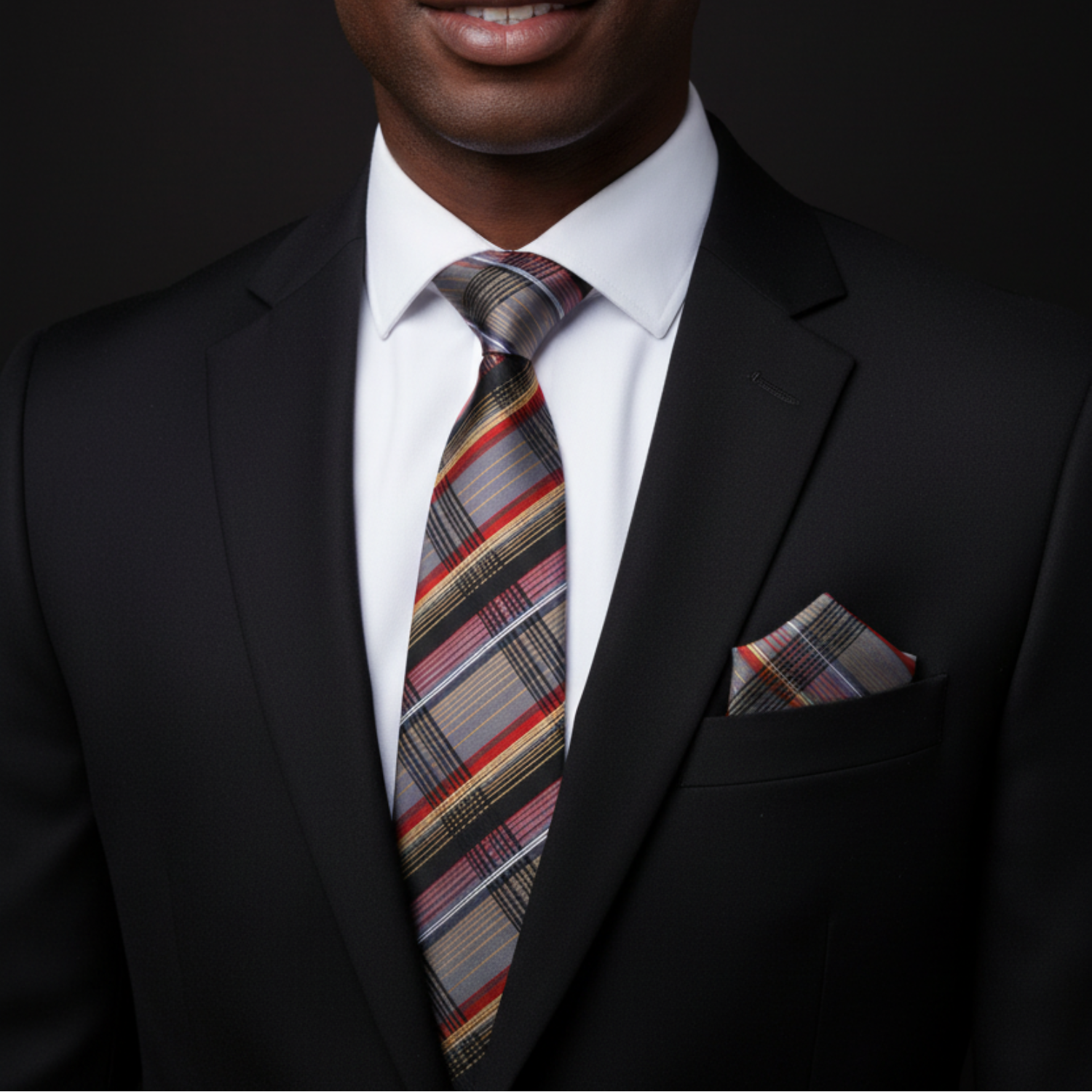 Man wearing grey, red, black and yellow plaid tie and square