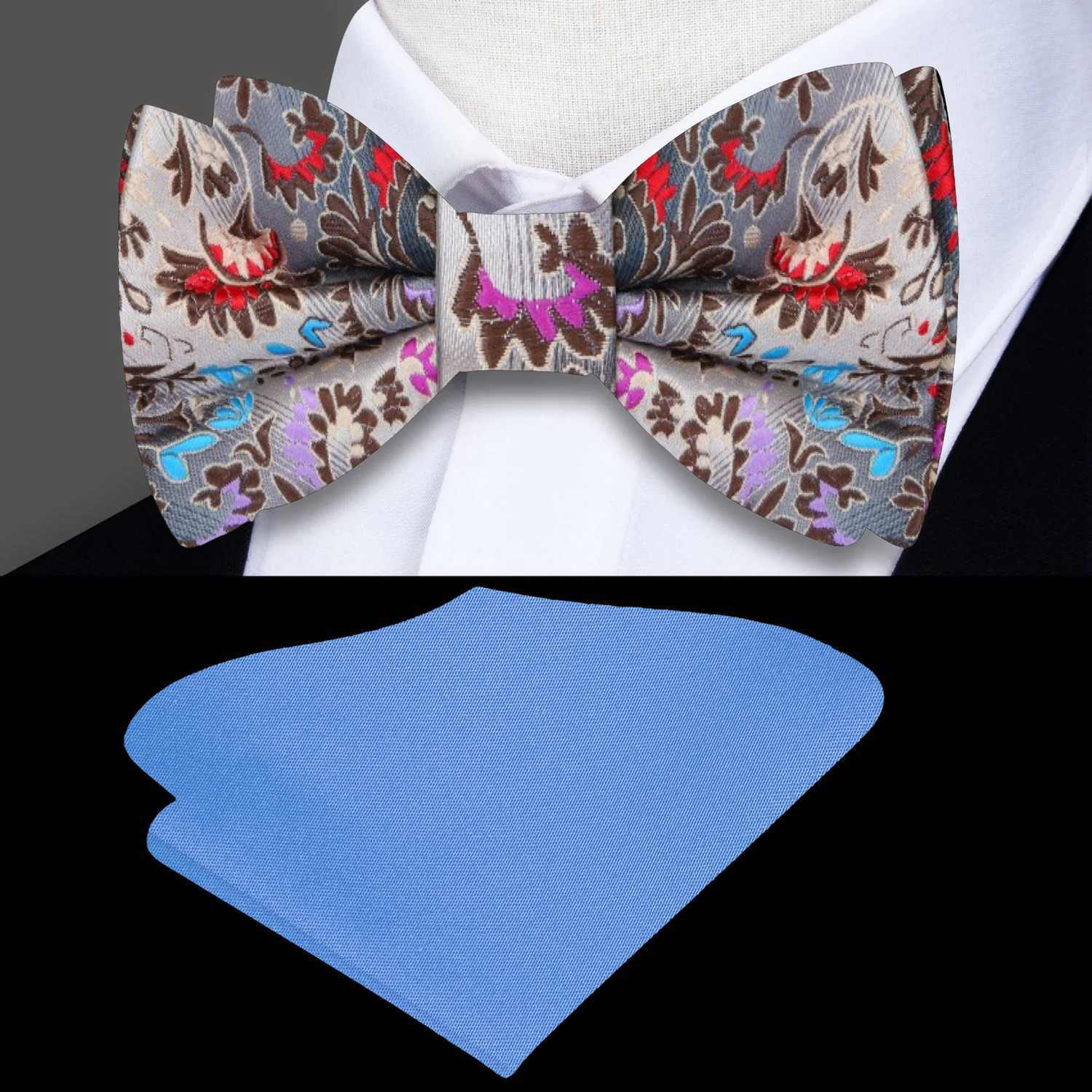 The image shows a set of matching bow tie and pocket square with a floral pattern on a brown background. The bow tie is displayed on a mannequin, and the pocket square is shown flat.