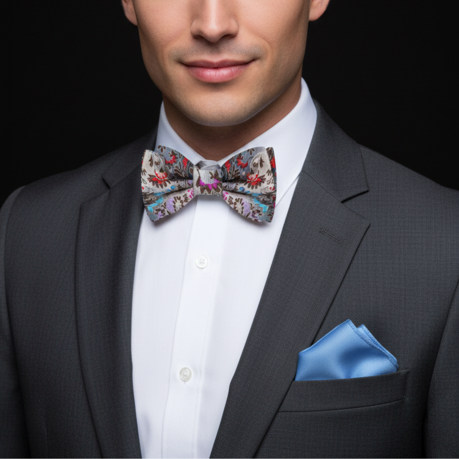 A self tie bow tie with floral pattern and blue red flowers on man with suit