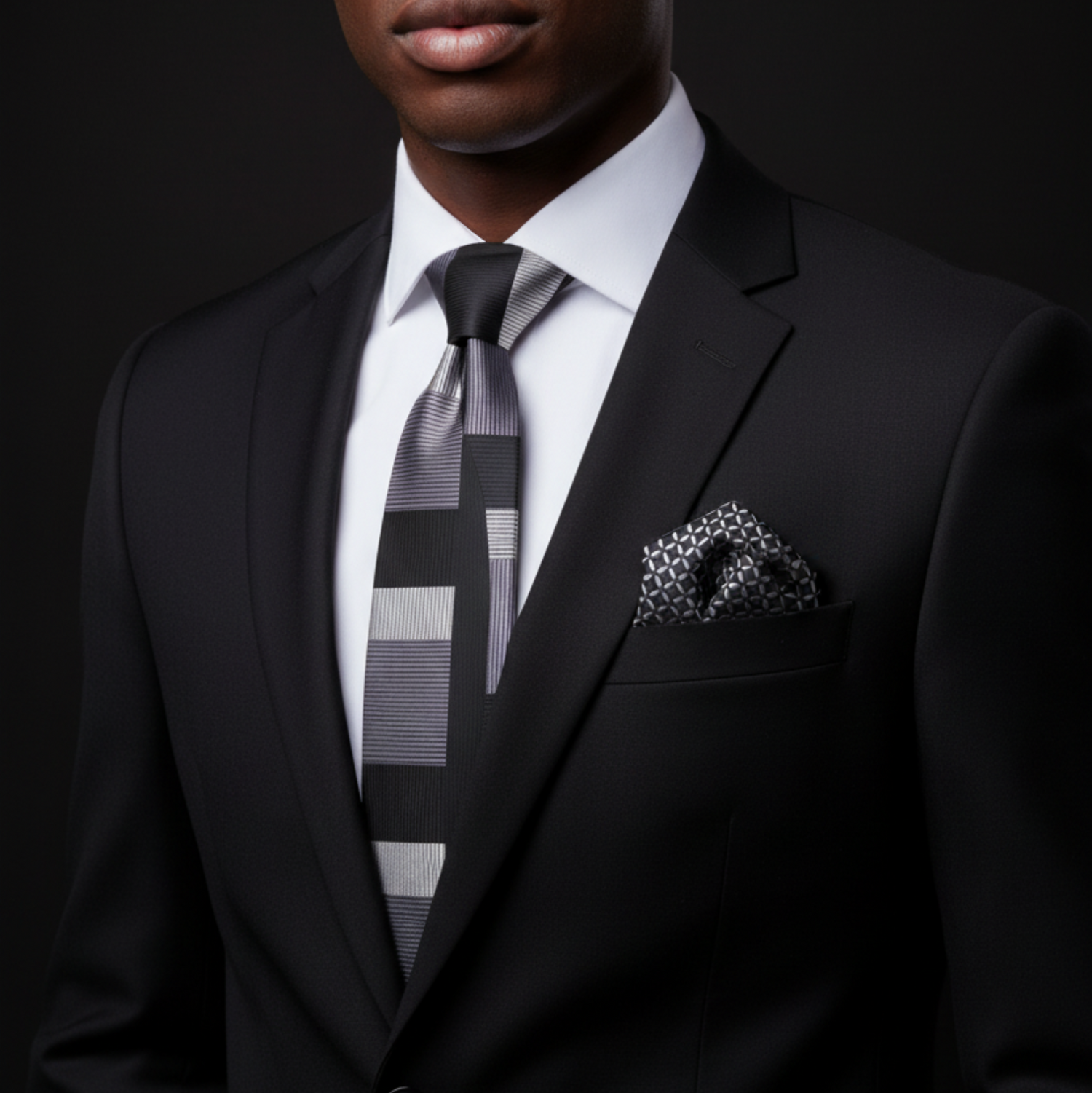 Man wearing a black suit with a patterned tie and pocket square on a dark background