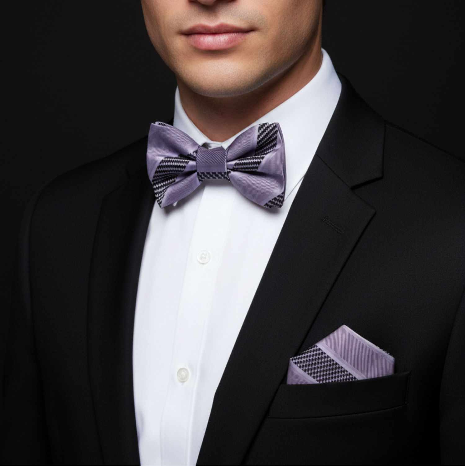 Man wearing a black suit with a purple bow tie and matching pocket square on a dark background