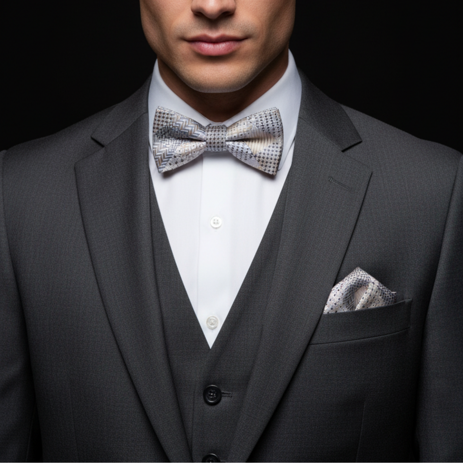 Man wearing a gray suit with a patterned bow tie and pocket square on a black background