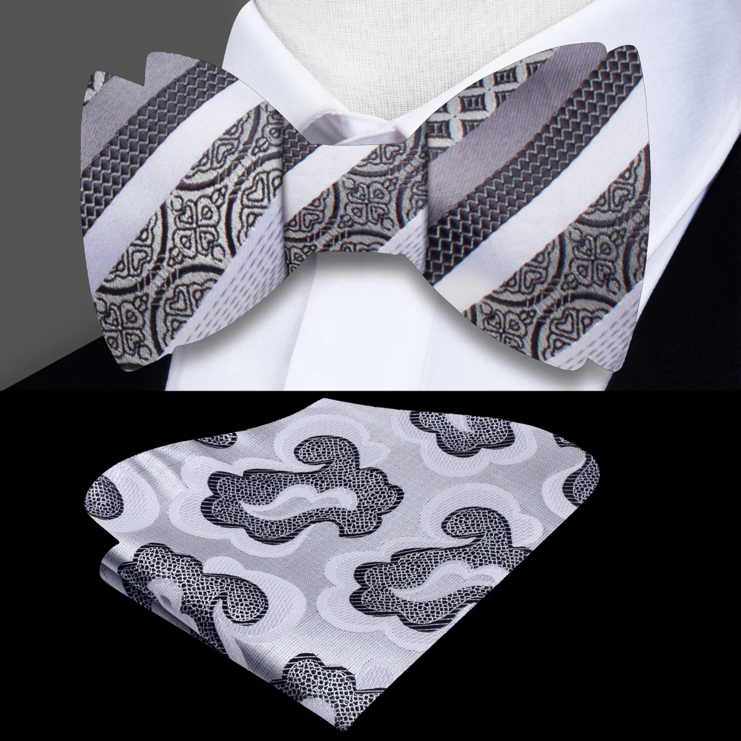 A Grey, Black Stripe Pattern Self-Tie Bow Tie, Accenting Pocket Square