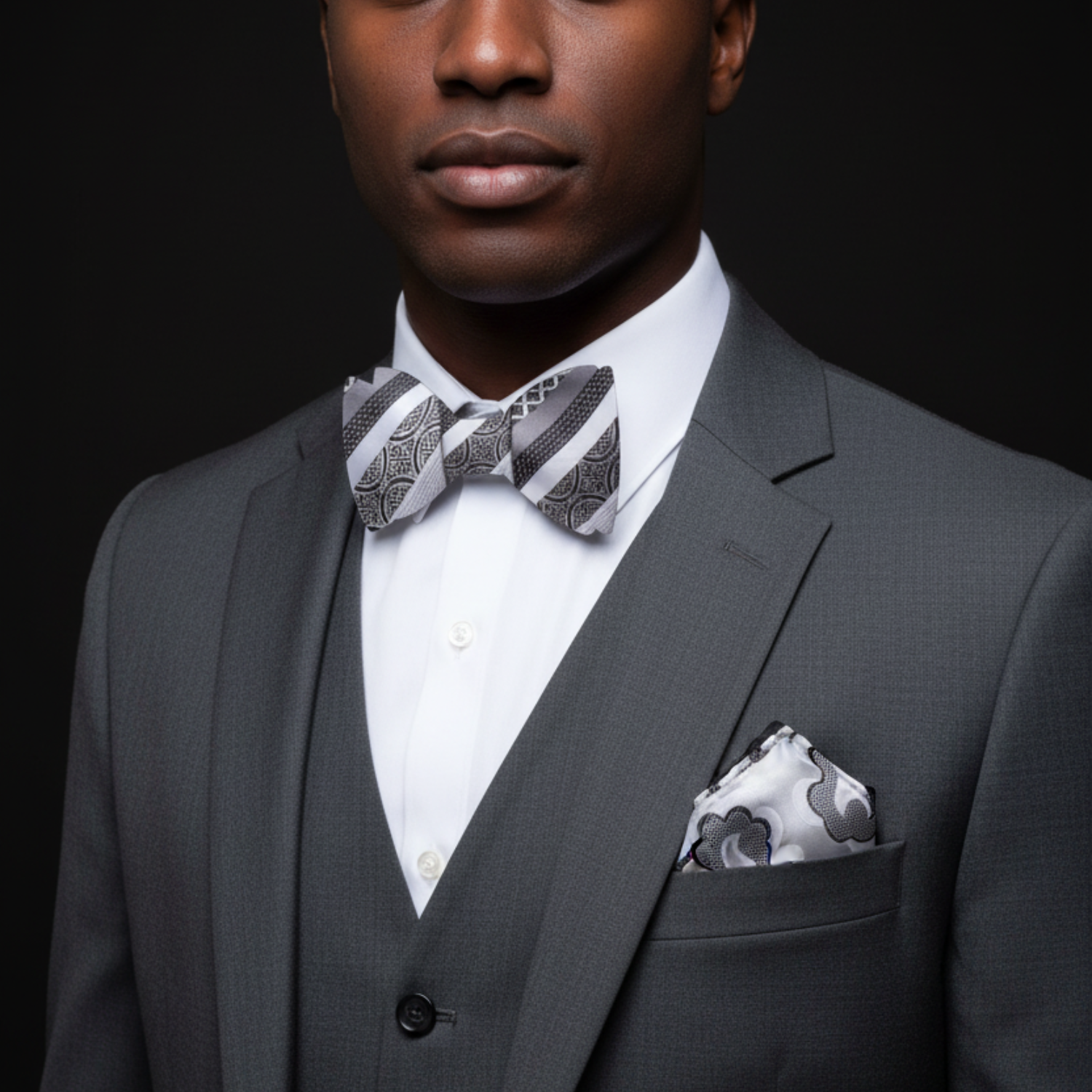 Grey Stripe Bow Tie and Square on Man