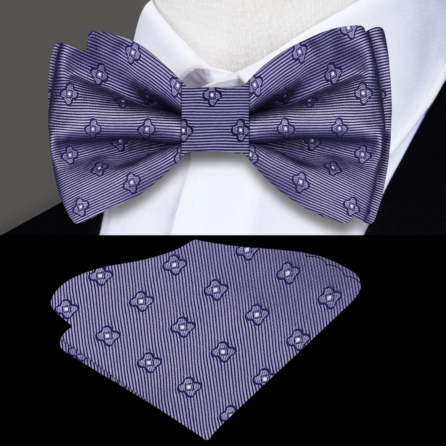 grey patterned bow tie and pocket square set on a mannequin.