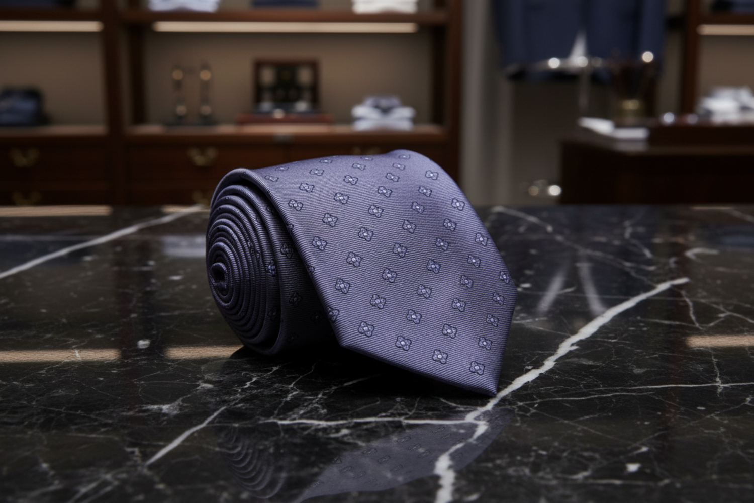 Rolled-up gray tie with a subtle floral pattern on a wooden surface, blurred background of a room.