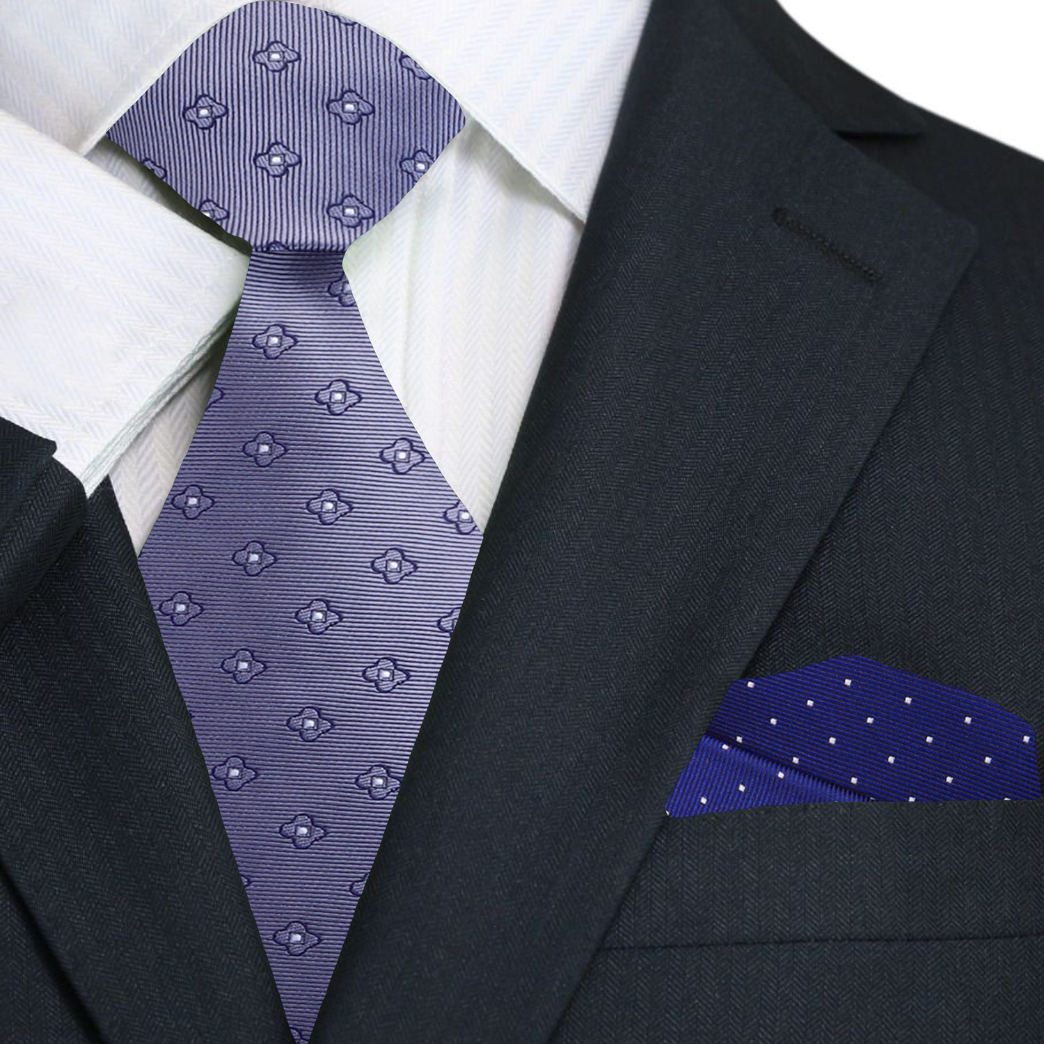 Grey Floral tie and blue with white dots pocket square.