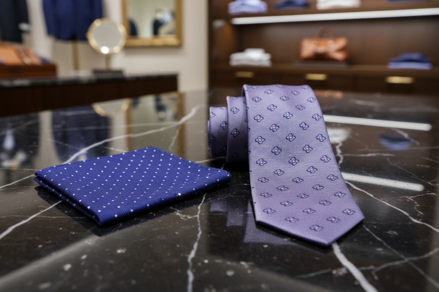 Grey small flowers tie and accenting blue with white dots pocket square