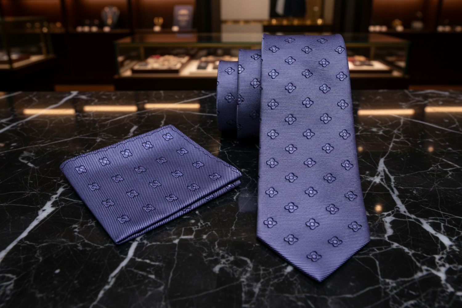 Grey floral patterned tie and pocket square on a wooden surface