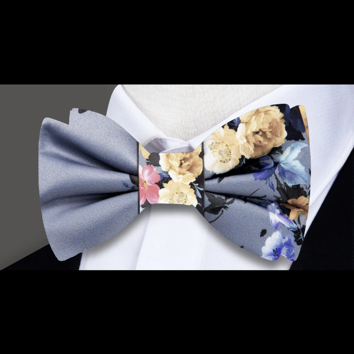  A Grey with Pink, Yellow Floral Pattern Silk Self Tie Bow Tie  