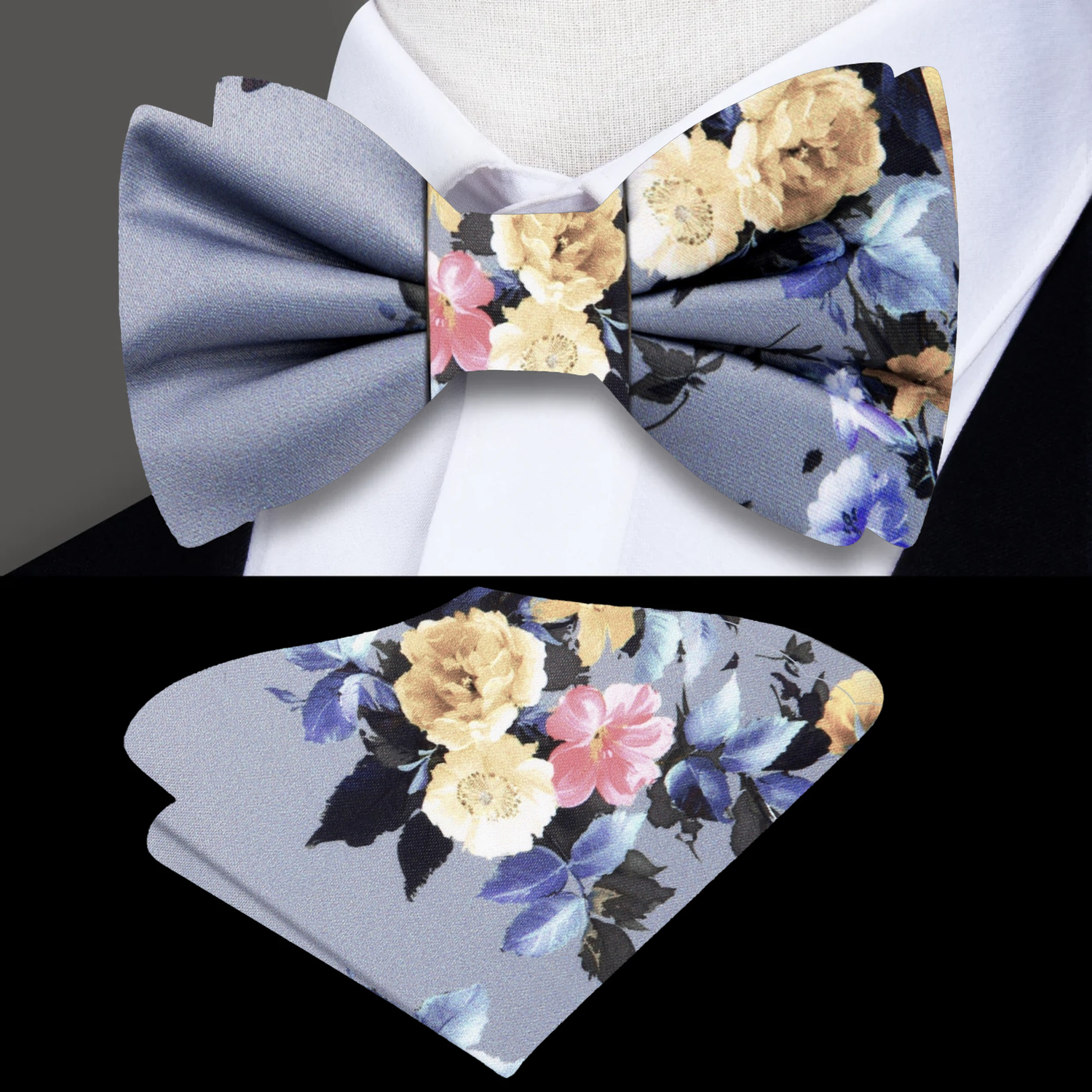  A Grey with Pink, Yellow Floral Pattern Self Tie Bow Tie With Matching Pocket Square