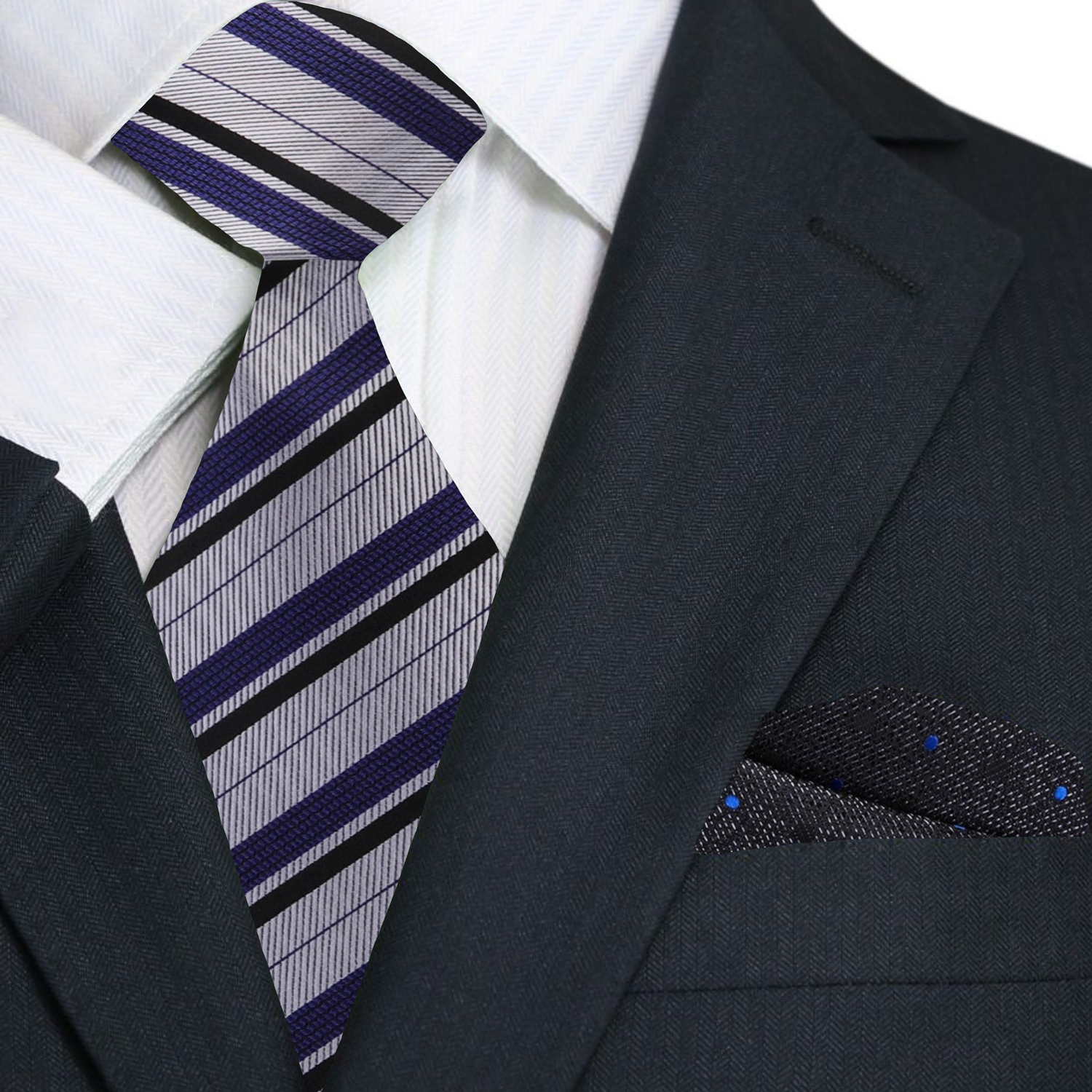 Premium Deep Grey, Black, Slate Purple Stripe Tie with Black, Grey, Blue Abstract Square