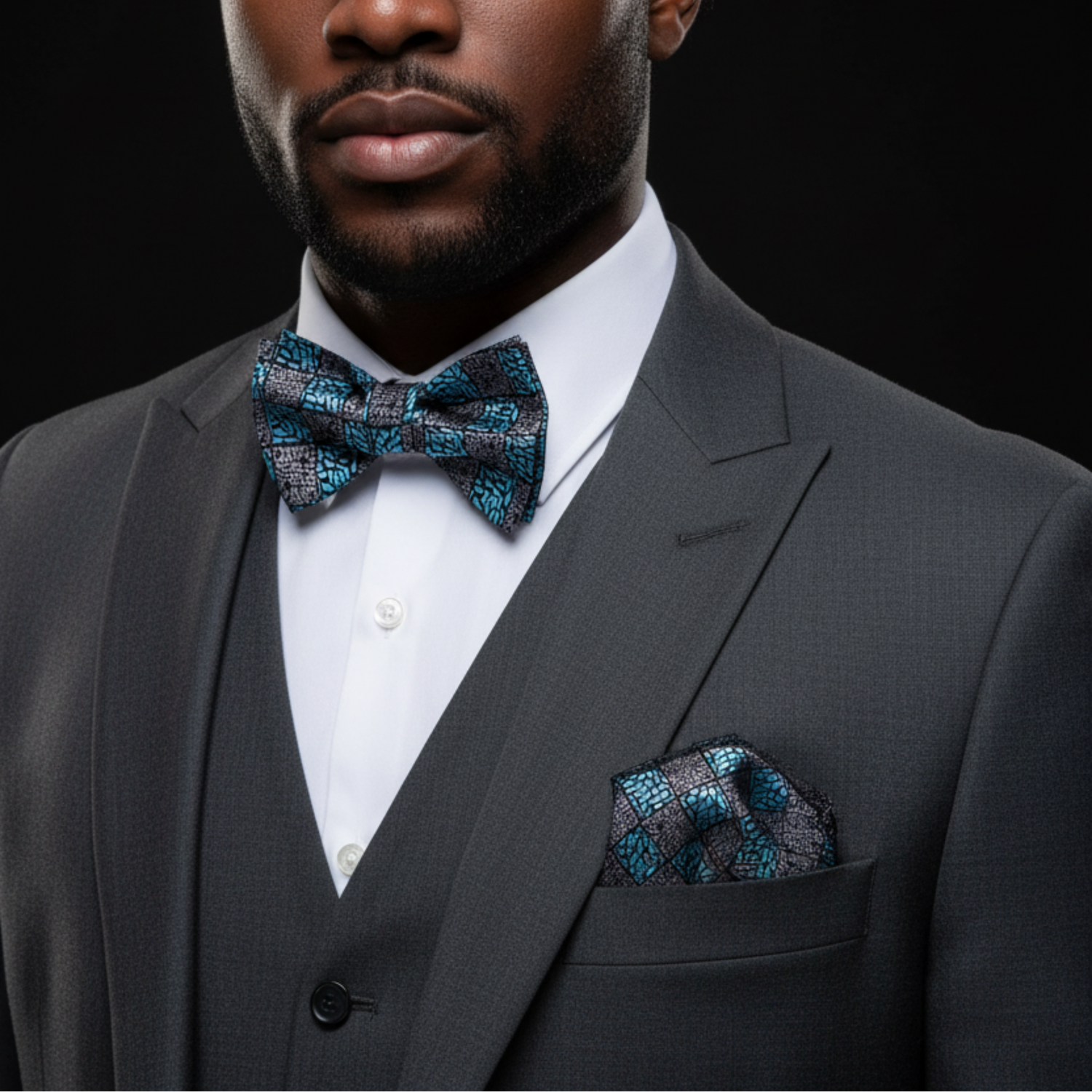Man wearing a gray suit with a blue patterned bow tie and pocket square on a black background