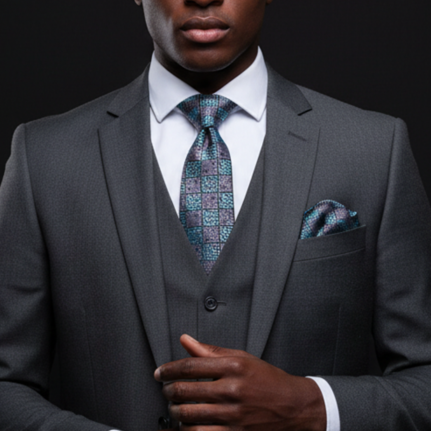 Man wearing a gray suit with a patterned tie and pocket square on a black background