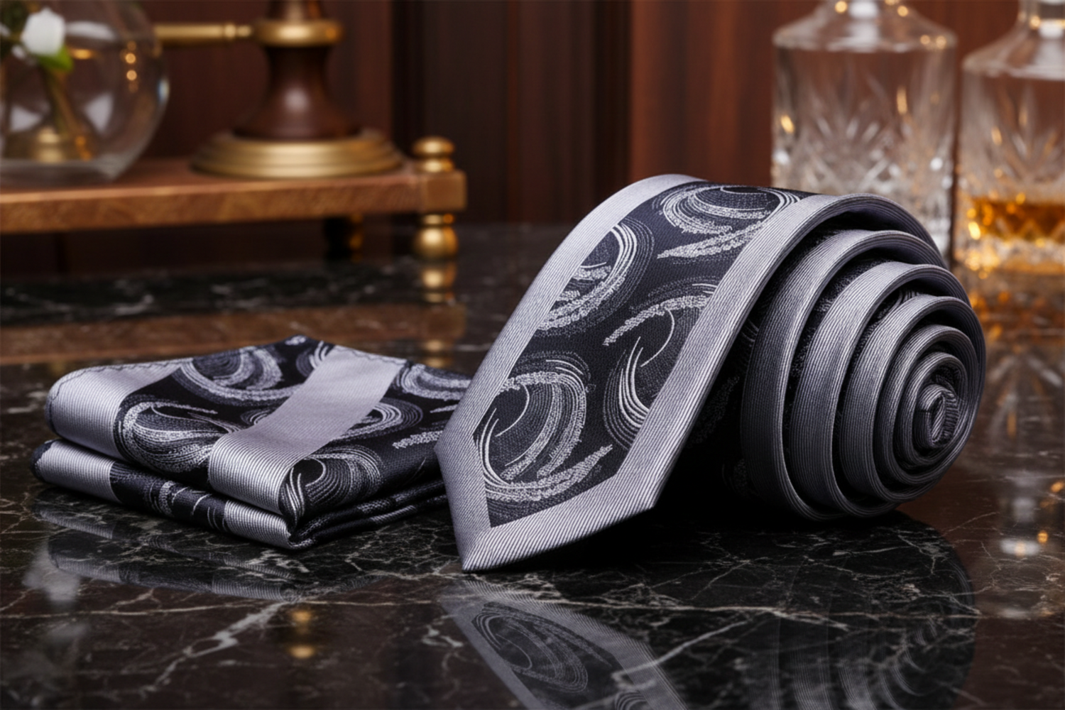 View 2: Grey, Black Swirl Necktie and Square