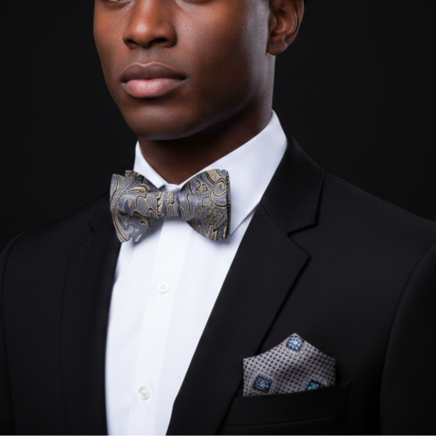 Man wearing a black suit with a patterned bow tie and pocket square on a dark background