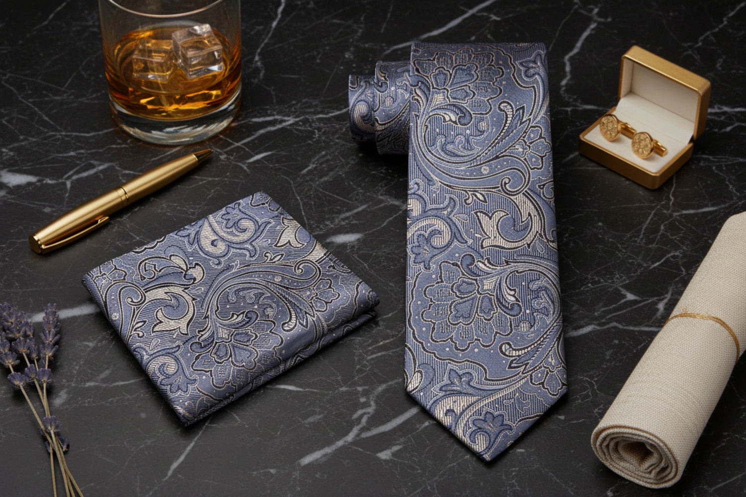Alt View: A Dark Grey, Grey Abstract Paisley Pattern Necktie and Matching Pocket Square