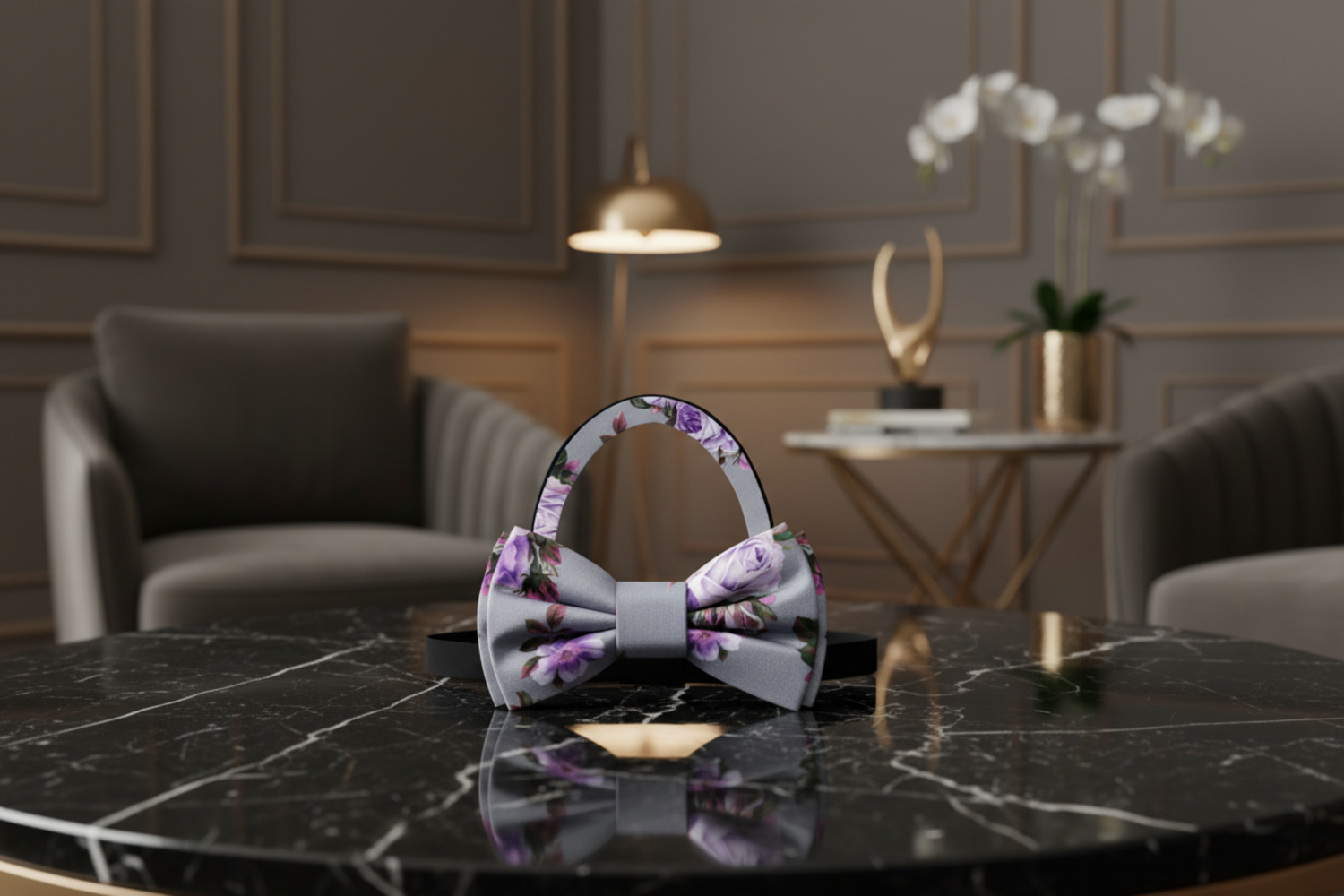 Grey Floral Pre Tied Bow Tie