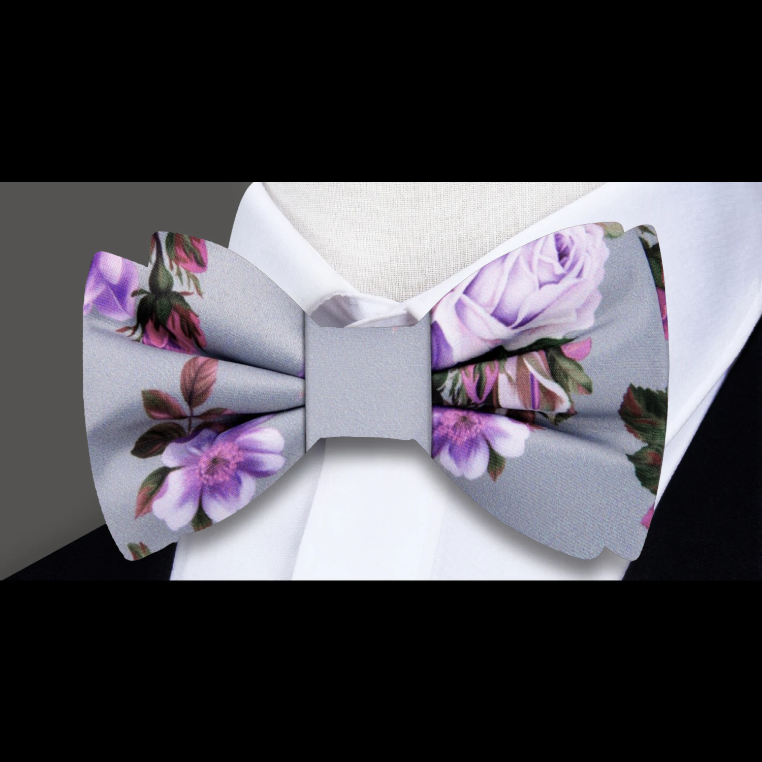 Grey, Pink Floral Bow Tie