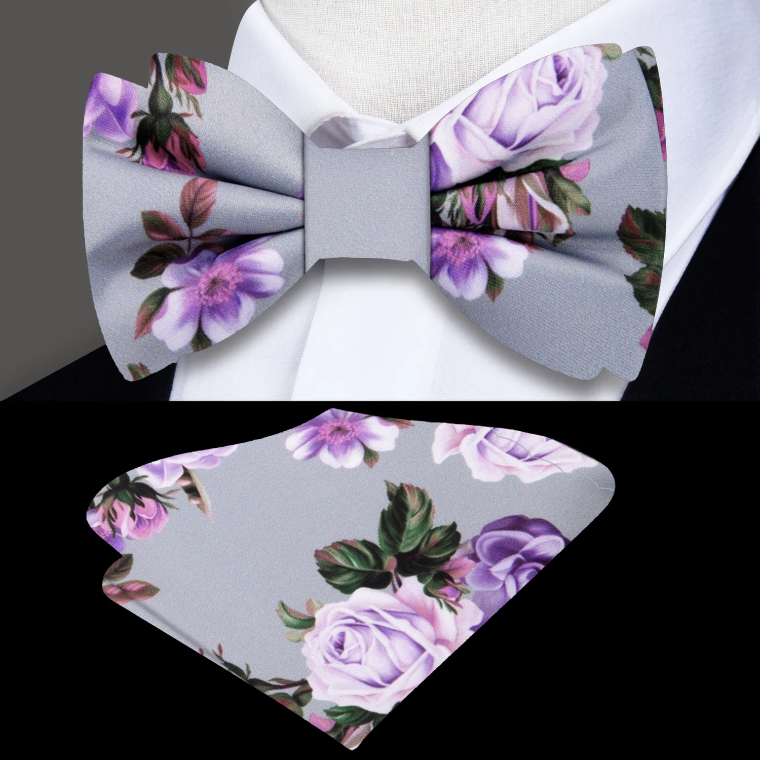 Rainy Day Gray with Plum, Lilac, Lavender Floral Bow Tie and Pocket Square