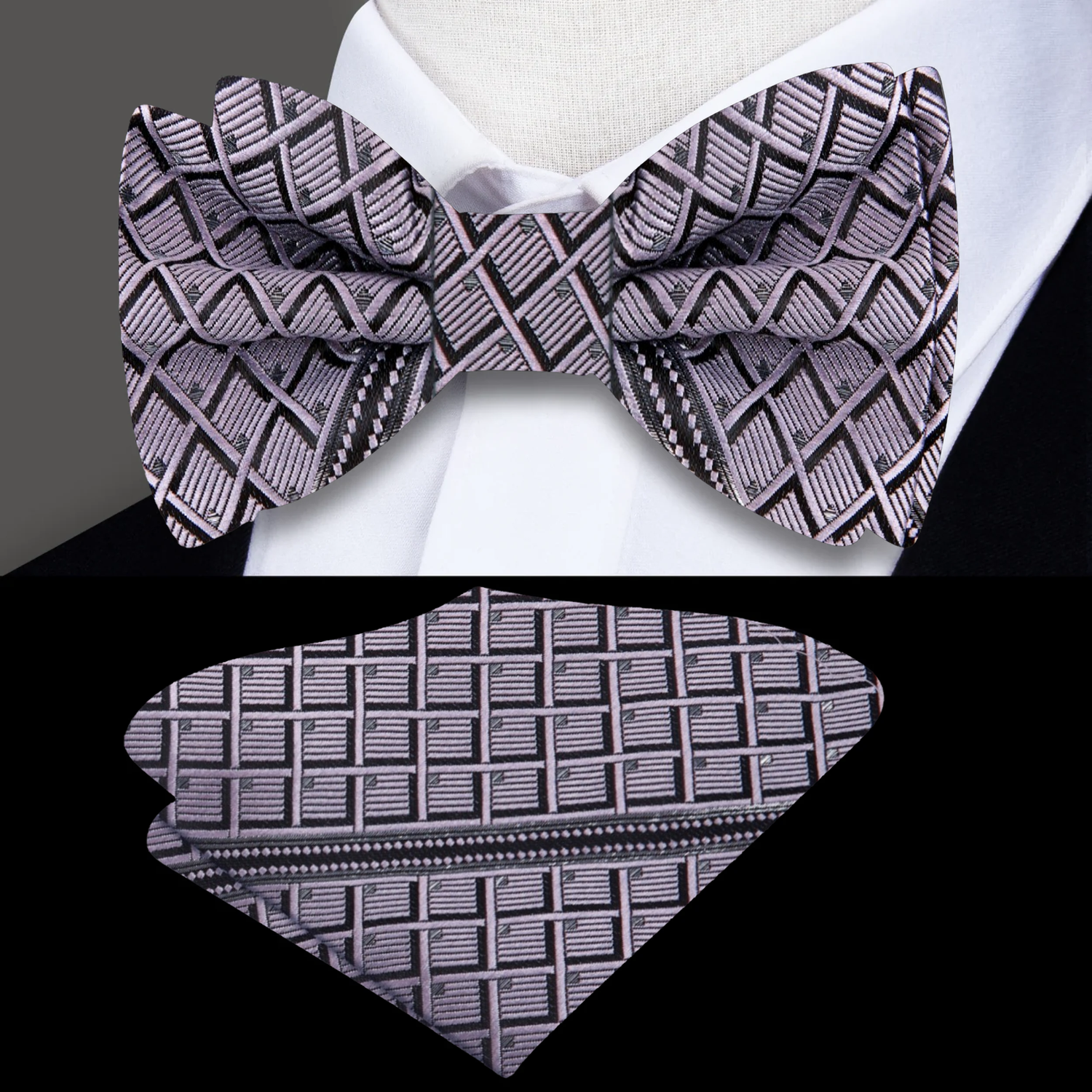 A Grey, Black Geometric Squares Pattern Self-Tie Bow Tie, Matching Pocket Square