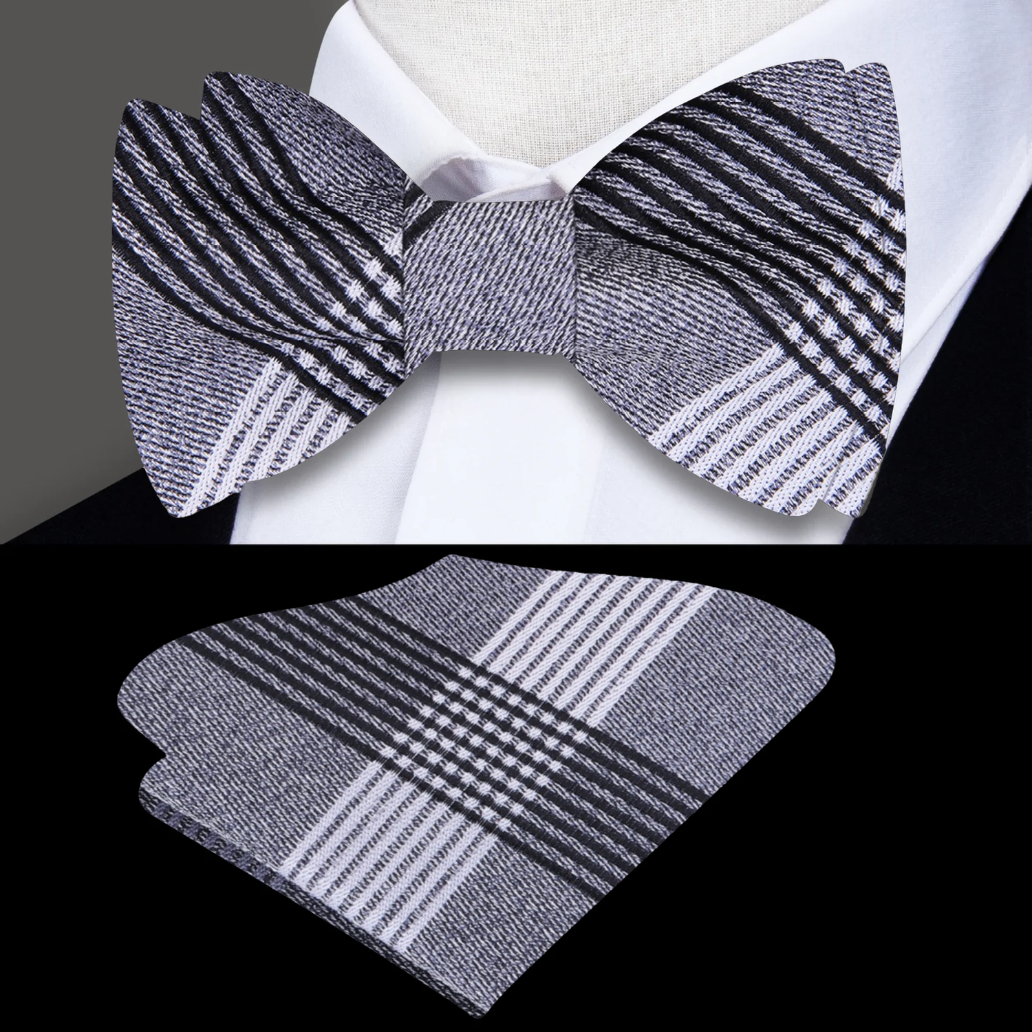 A Grey, Black, White Plaid Pattern Self Tie Bow Tie, Matching Pocket Square