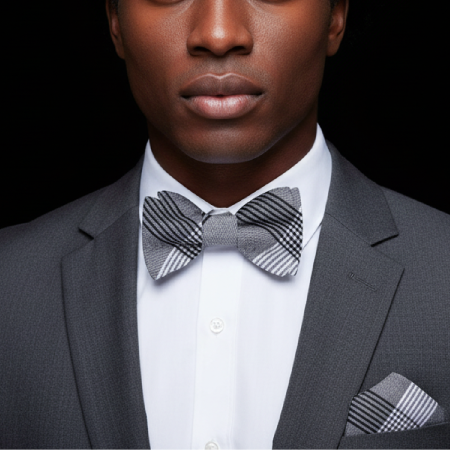 Man wearing a gray suit with a checkered bow tie and pocket square against a black background