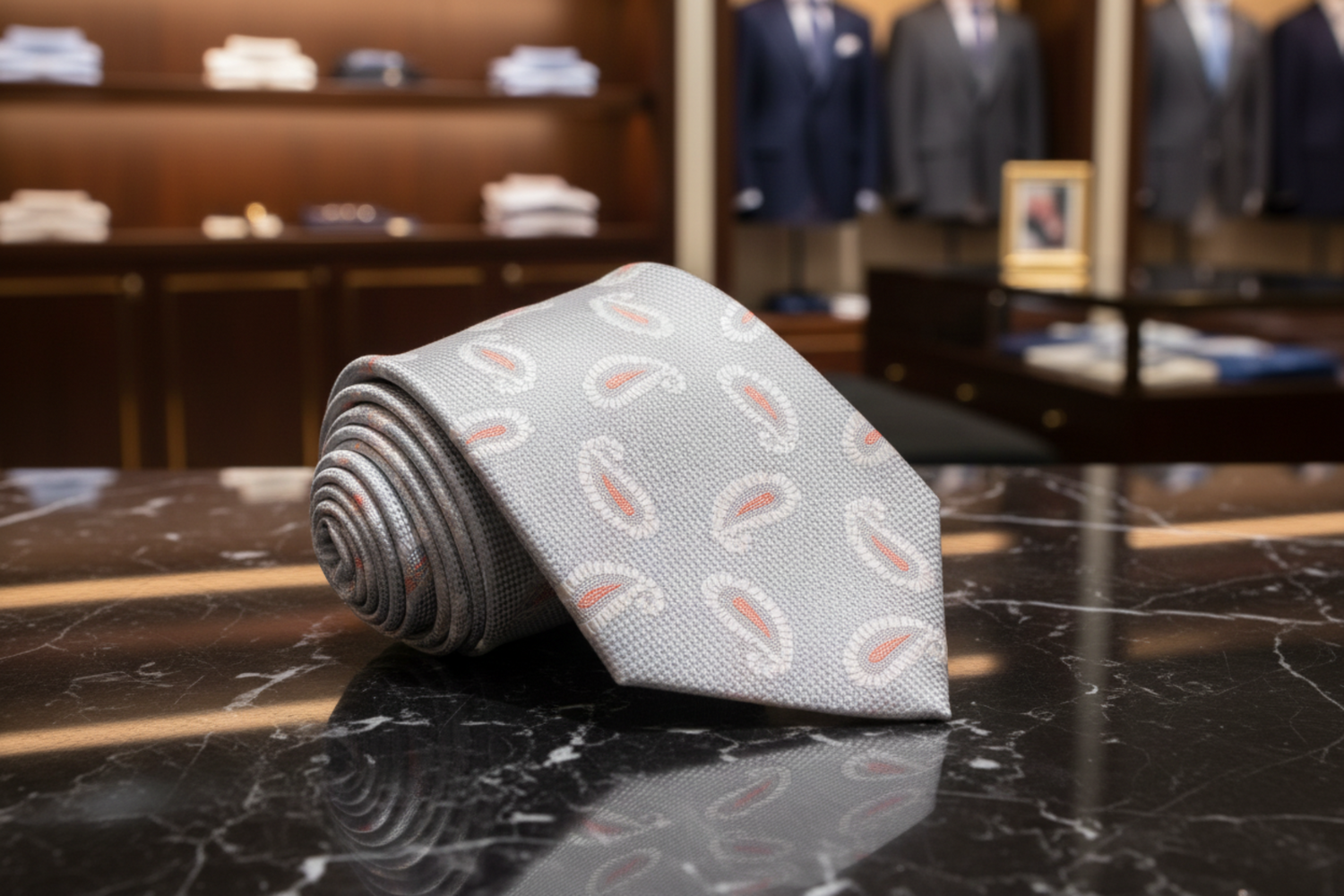 Light Grey, Orange Paisley Necktie 