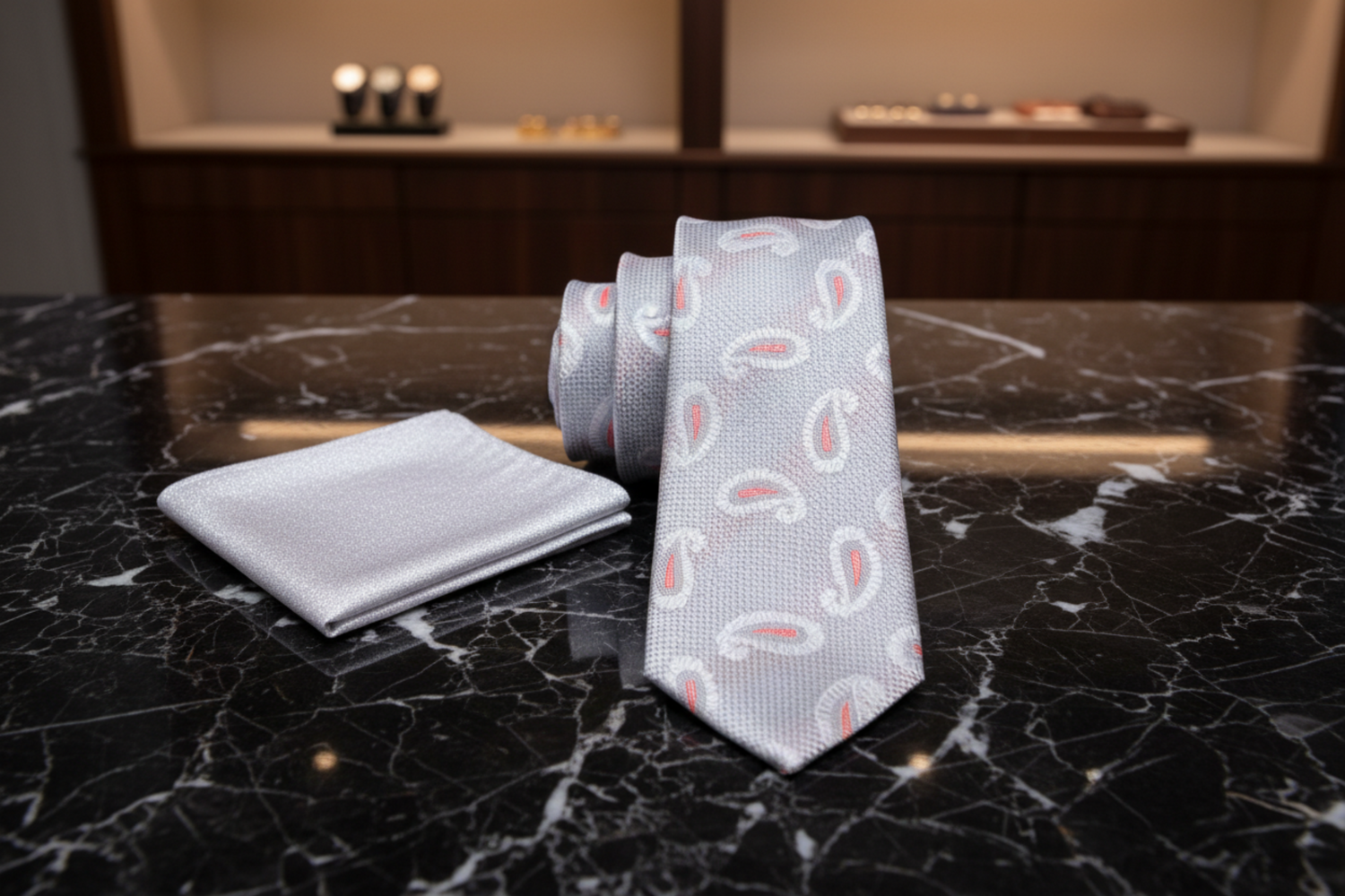 Alt View: Light Grey, Orange Paisley Necktie and Silver Square 