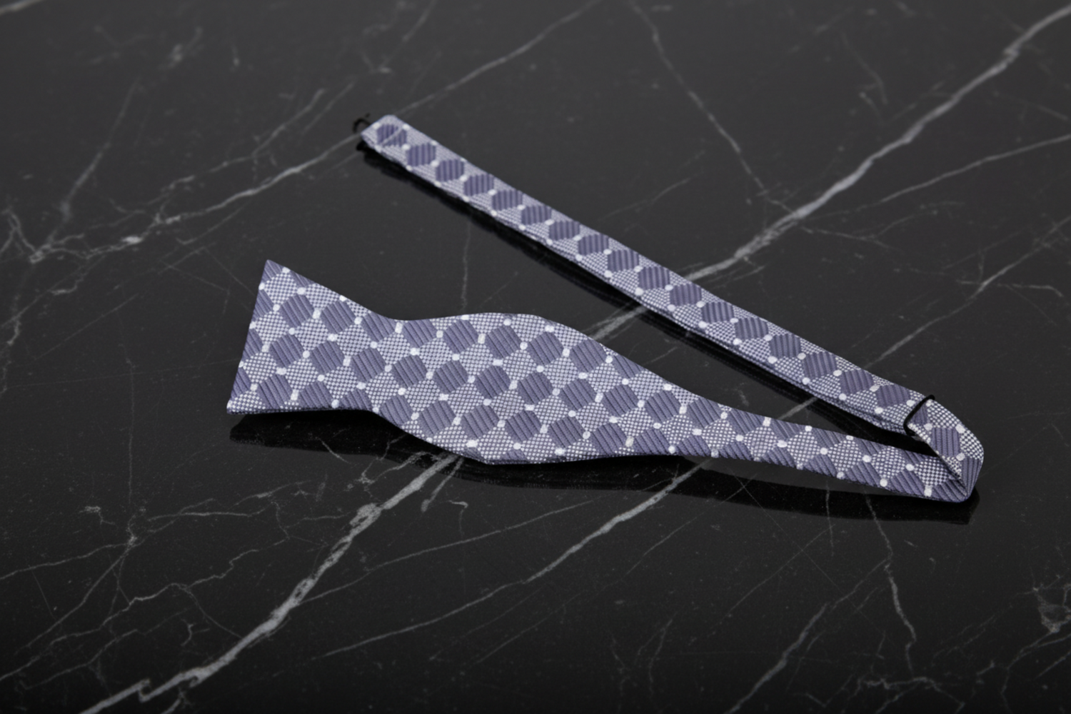 A Grey, White Geometric Dots Pattern Self Tie Bow Tie View 2