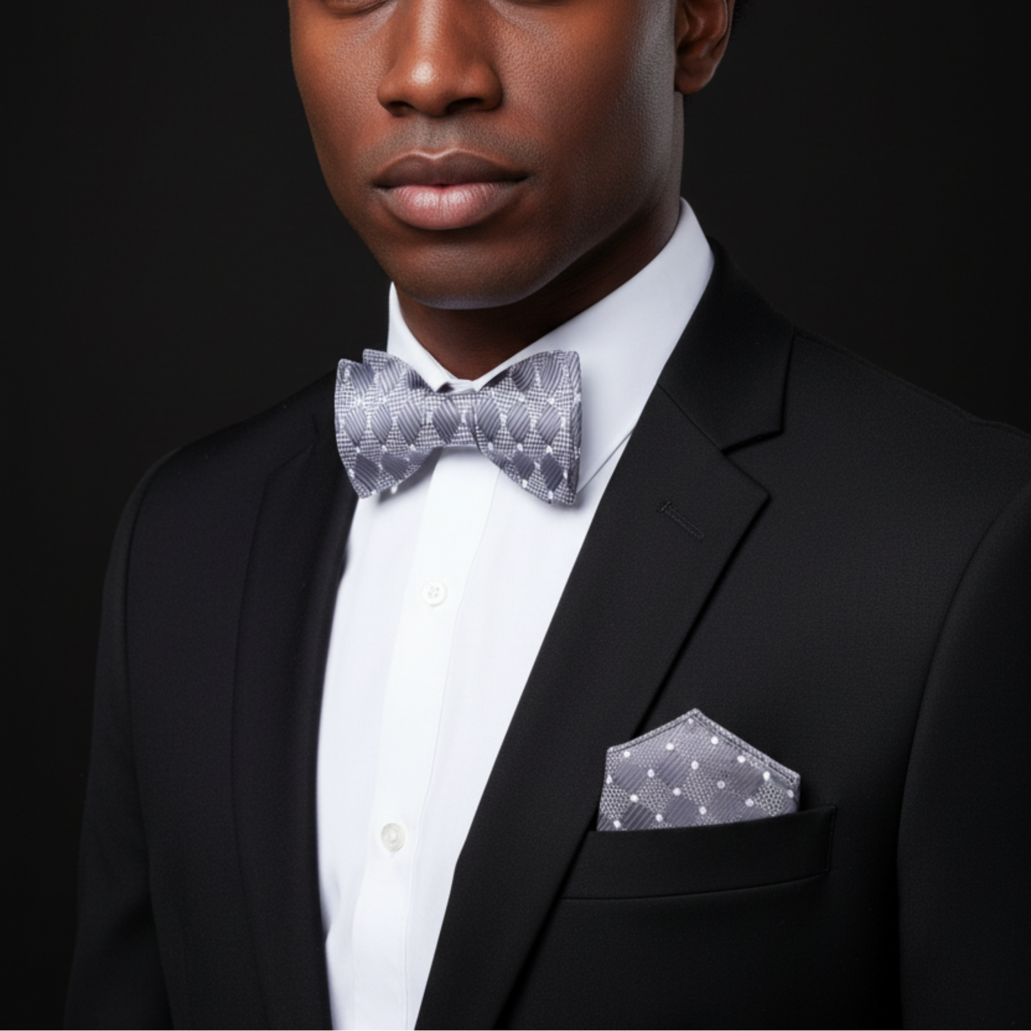 Man wearing a black suit with a white shirt, gray bow tie, and matching pocket square on a black background.