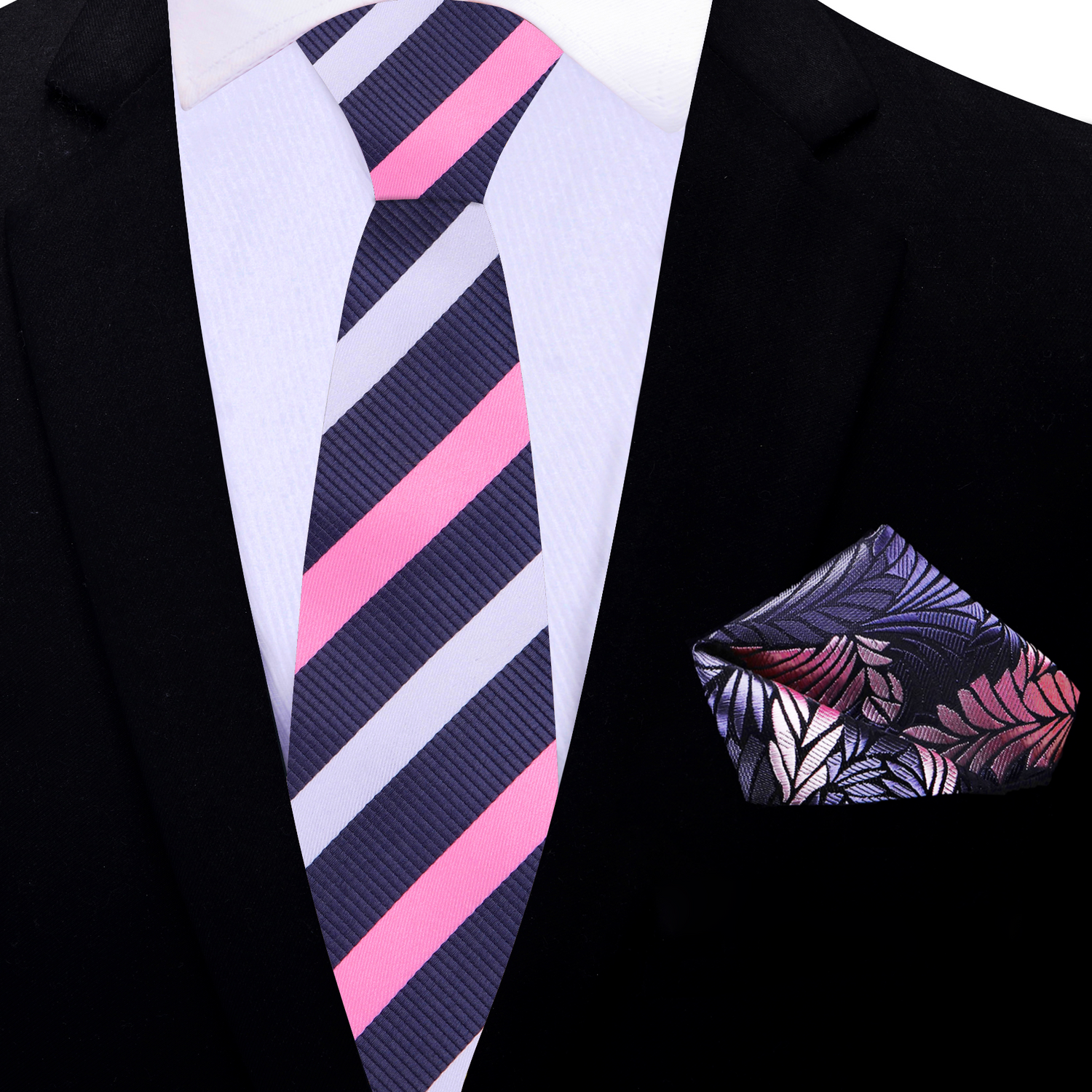 Thin Pink, White and Grey Stripe Necktie and Accenting Square