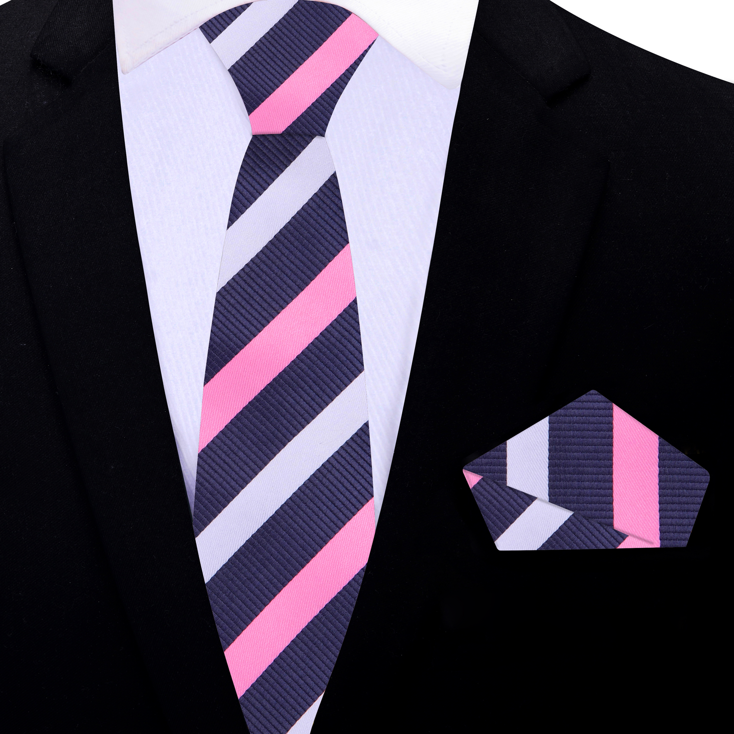 Thin Pink, White and Grey Stripe Necktie and Square