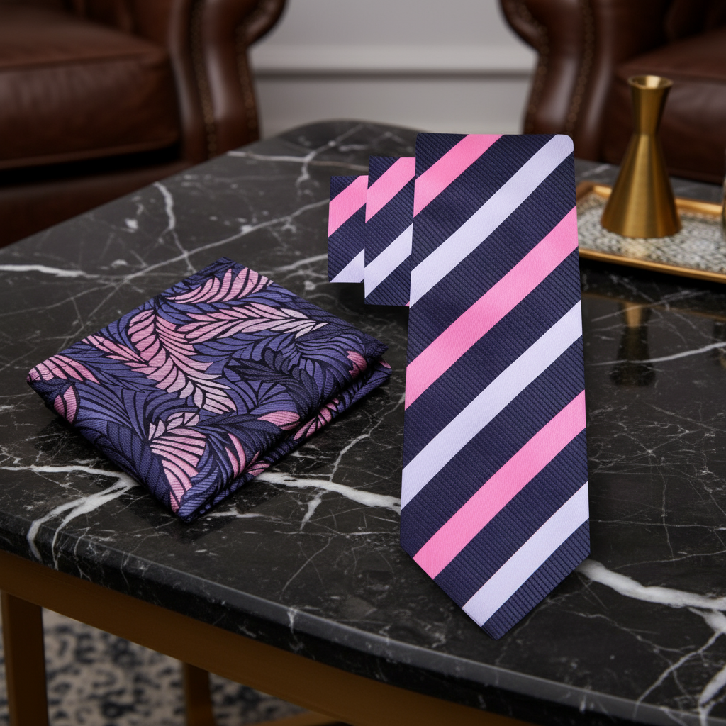 Alt Pink, White and Grey Stripe Necktie and Accenting Square
