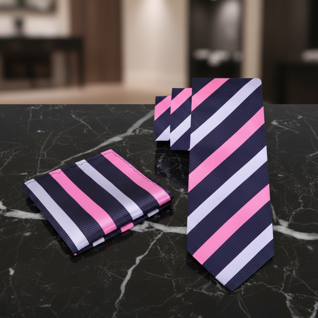 Alt Pink, White and Grey Stripe Necktie and Square