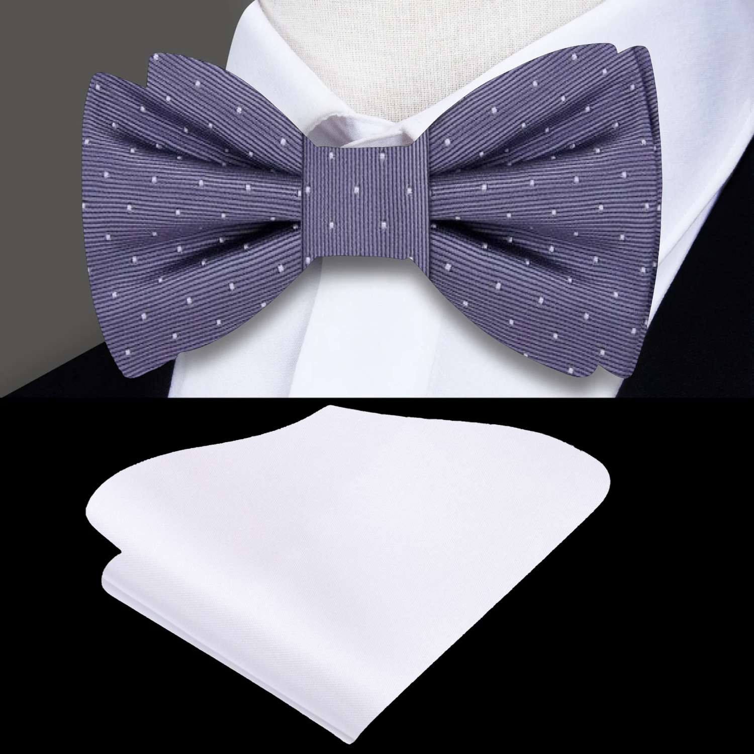 Grey White Polka Bow Tie and White Square