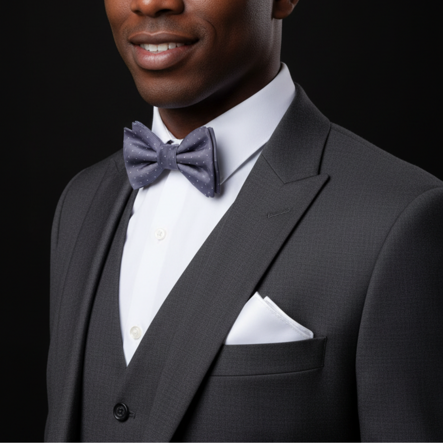 Man wearing a dark gray suit with a white shirt and purple bow tie on a black background