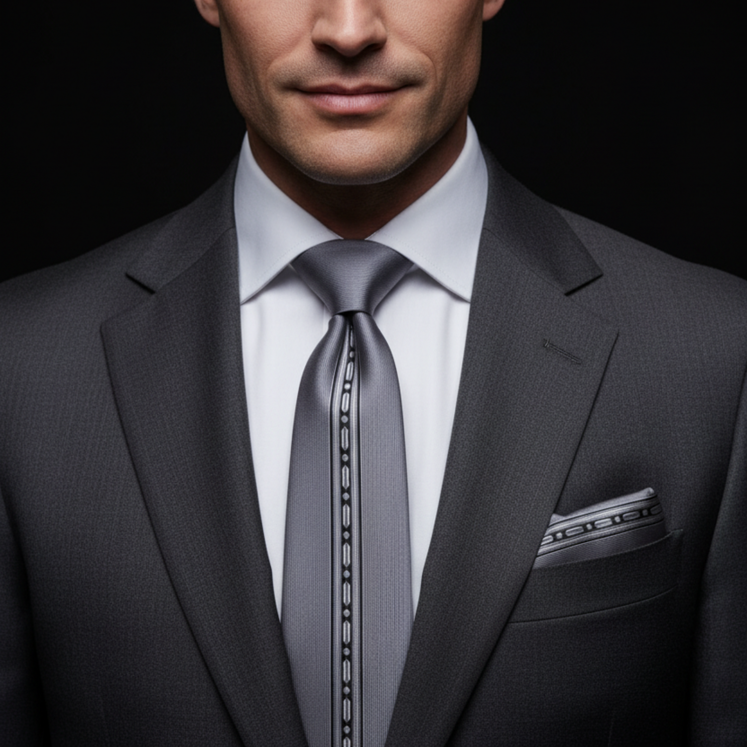 Man wearing a gray suit with a matching tie and pocket square against a black background
