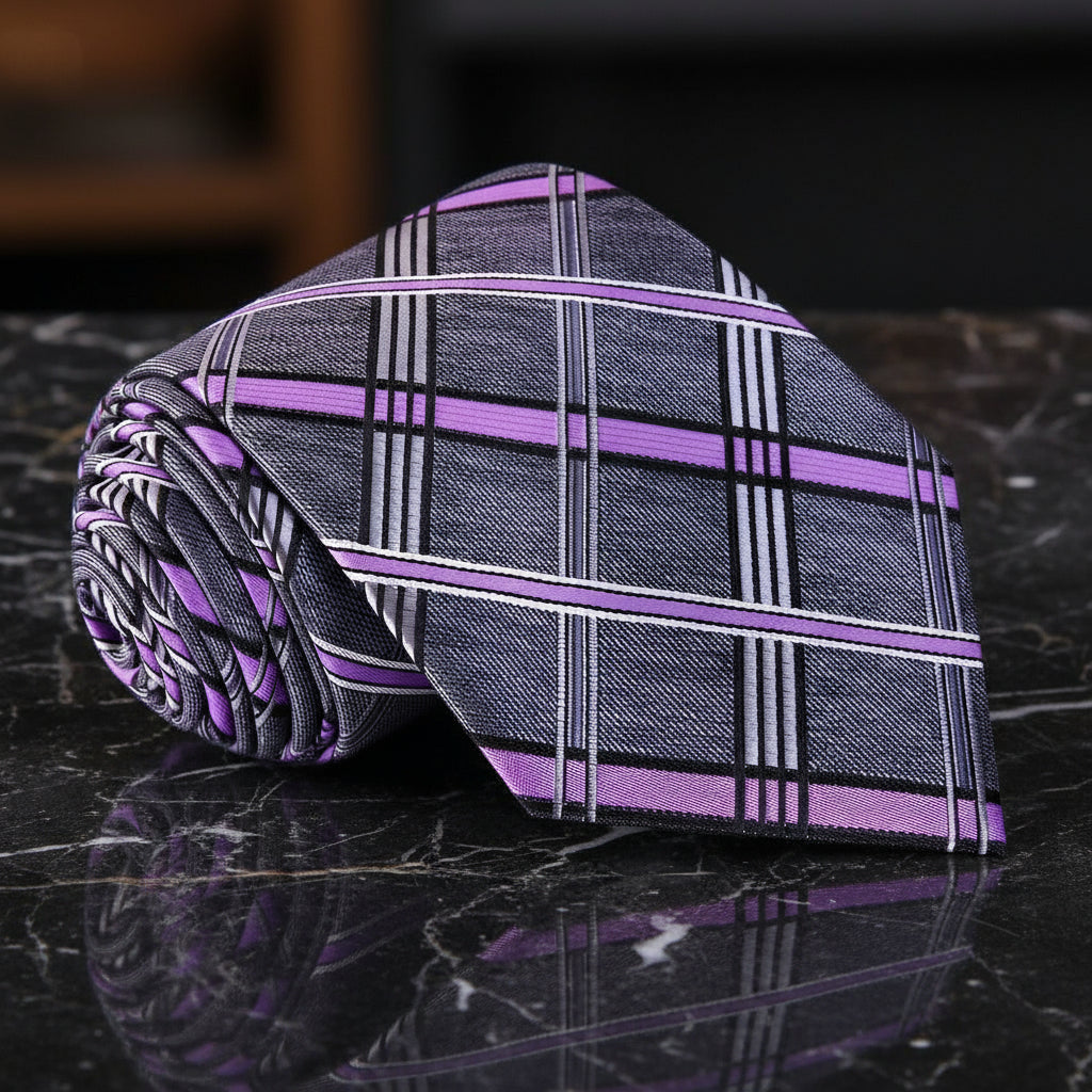 Grey, Purple Plaid Tie  