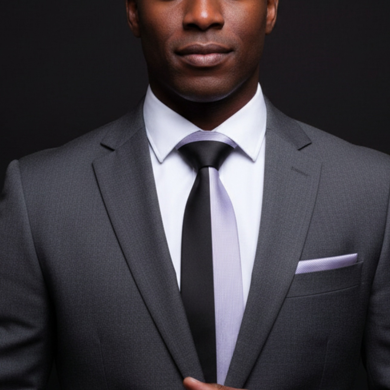 Man wearing a gray suit with a black tie against a dark background