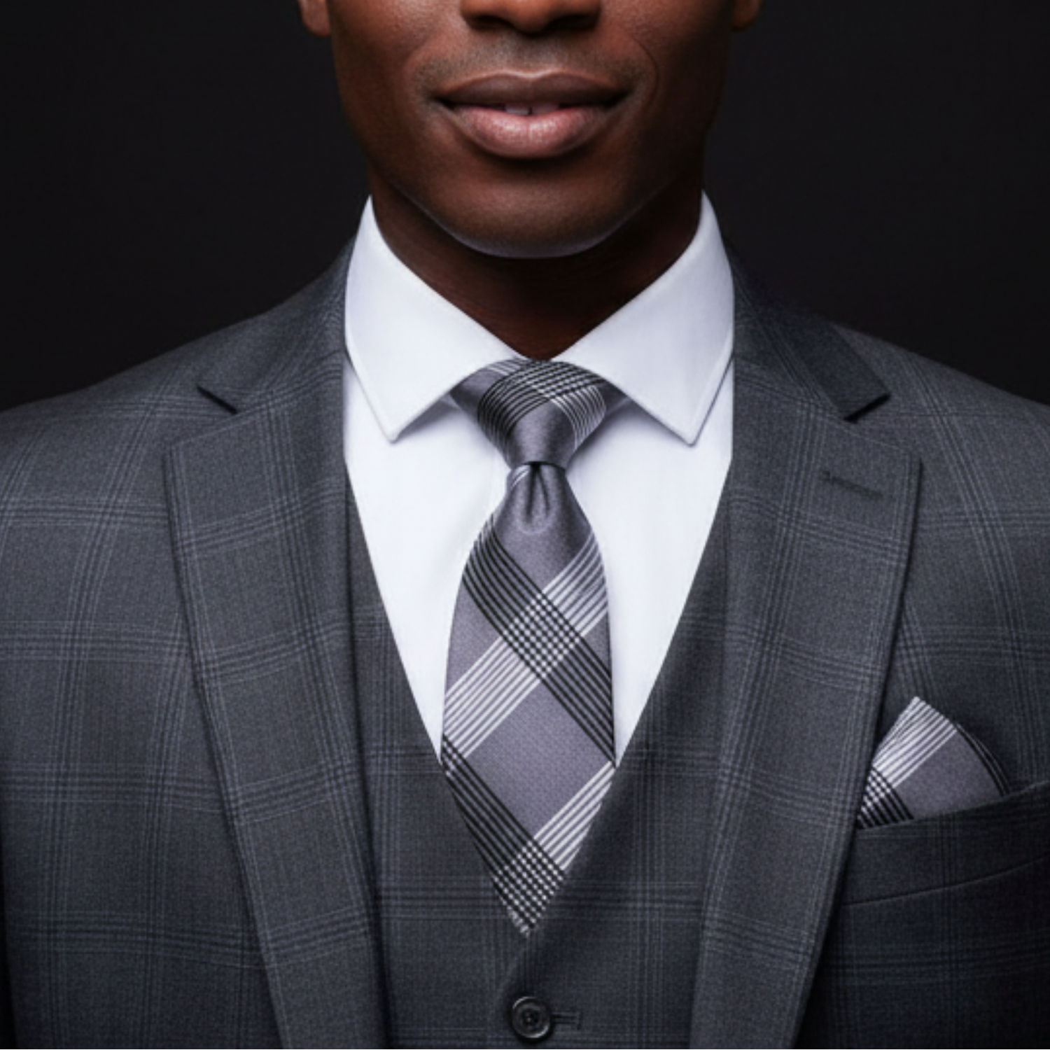 Man wearing a gray suit with a plaid tie against a black background