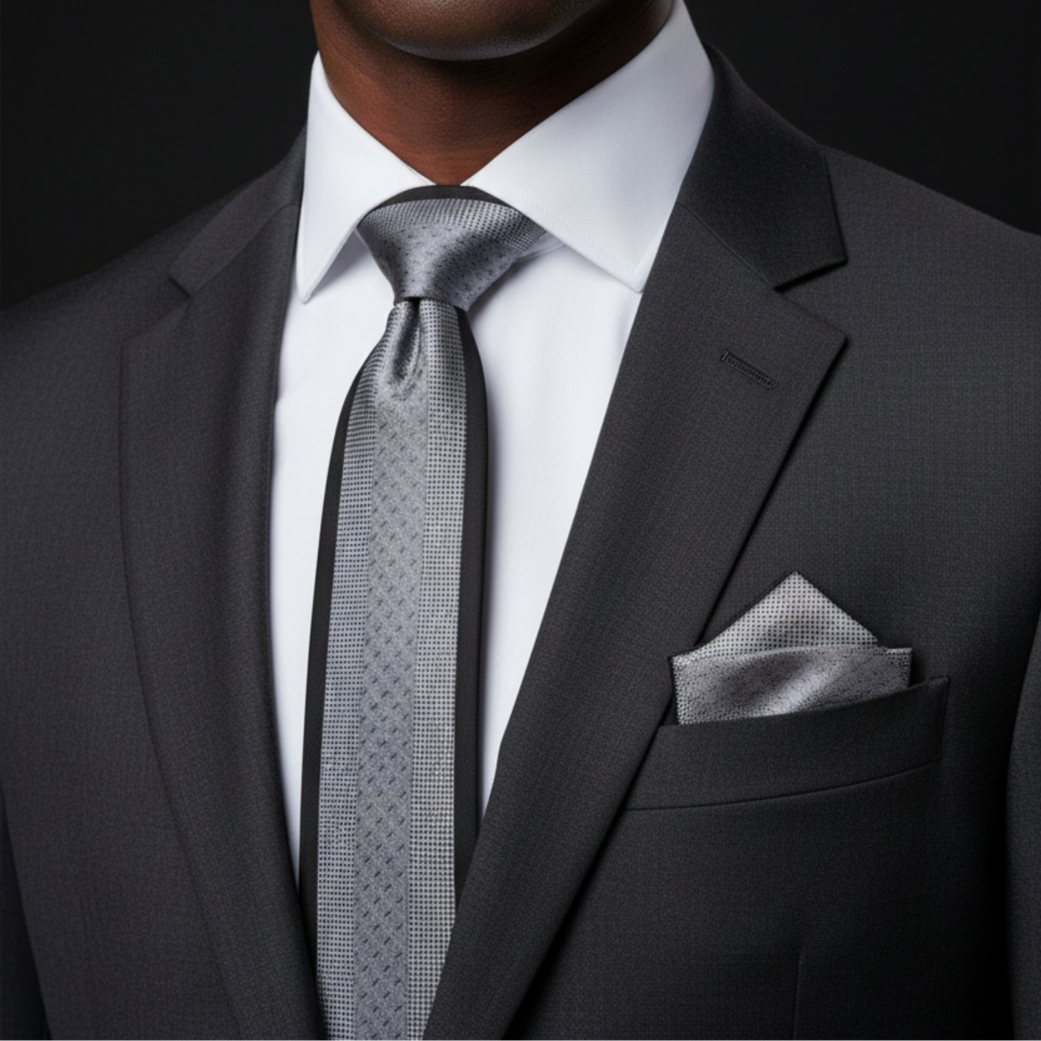 Man wearing a gray suit with a matching tie and pocket square against a black background